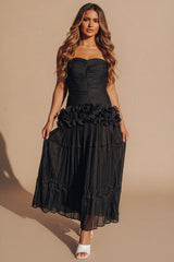 Black Ruched Bandeau Ruffle Detail Pleated Maxi Dress - Cilon