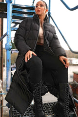 Black Padded Long Line Midi Zip Up Puffer Coat - Crystal