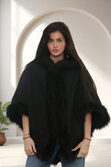 Black Faux Fur Trim Hooded Cape – Leah