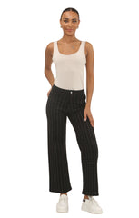 Black High Waisted Wide Leg Jeans with White Pinstripe Detail- Ciara