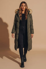 Khaki Longline Faux Fur Trim Puffer Jacket - Kiera