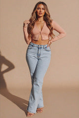 Light Wash Distressed Straight Leg Jeans With Pink Pocket Detail - Eynas