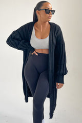 Black Long Sleeve Ribbed Midi Cardigan - Ivy