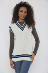 Cream Cable Knit V Neck With Blue Stripe Jumper- Casoil