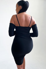 Black Ruched Long Sleeve Cut Out Ring Detail Midi Dress - Clara