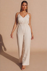 Beige Strappy Wrap Wide Leg Jumpsuit - Huixo