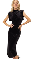 Black Velvet Shoulder Pad Midi Dress- Miea
