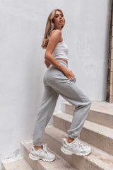 Grey Marl Oversized High Waisted Shirred Drawstring Pocket Detail Cuffed Joggers - Samira