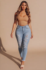 Light Blue Wash High Waisted Distressed Skinny Jeans- Liyana