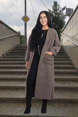 Mocha Belted Longline Pocket Detail Waterfall Coat- Kinny