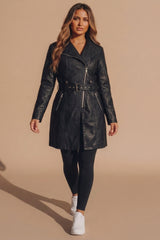 Black Faux Leather Belted Biker Coat - Mich