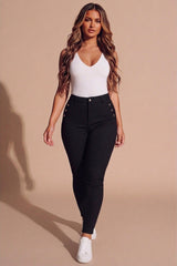 Black High Waisted Button Detail Skinny Jeans- Zenkina