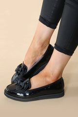 Black Patent Chunky Bow Loafers Flat Shoes - Capri