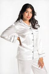 White Piping Detail Long Sleeve Satin Pyjama Set - Alena