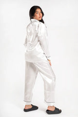 White Piping Detail Long Sleeve Satin Pyjama Set - Alena