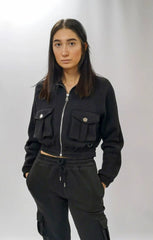 Black Zip Up Long Sleeve Cargo Pocket Cropped Sweatshirt - Ayla
