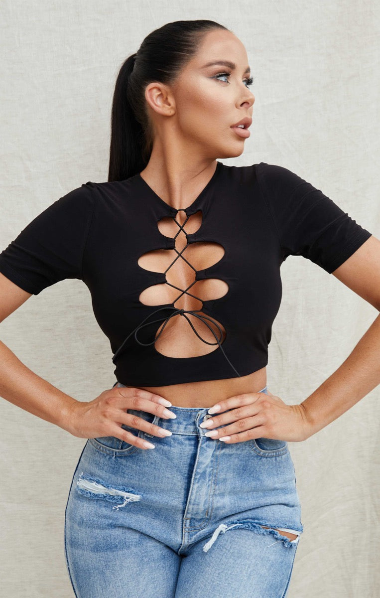 Black Slinky Short Sleeve Lace Up Crop Top - Amy – Femme Luxe