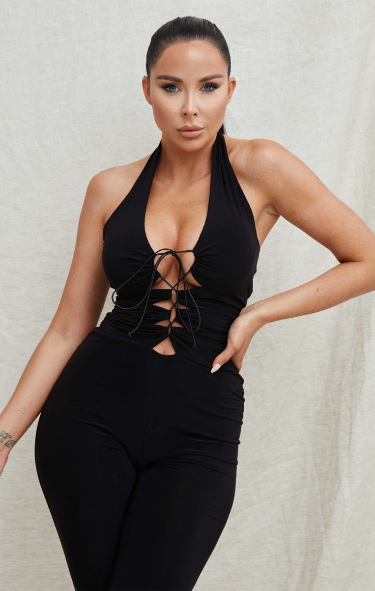 Black Slinky One Shoulder Plunge Cut Out Sleeveless Bodycon