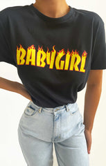 Black Oversized 'Baby Girl' Flame Slogan Print Short Sleeve T