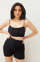 Black Slinky Ruched Strappy Crop Top High Waisted Cycling Shorts