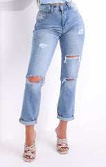 Blue Mid Wash High Waisted Ripped Distressed Turn Up Mom Jeans - Janey