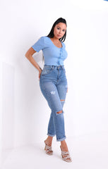 Blue Mid Wash High Waisted Ripped Distressed Turn Up Mom Jeans - Janey