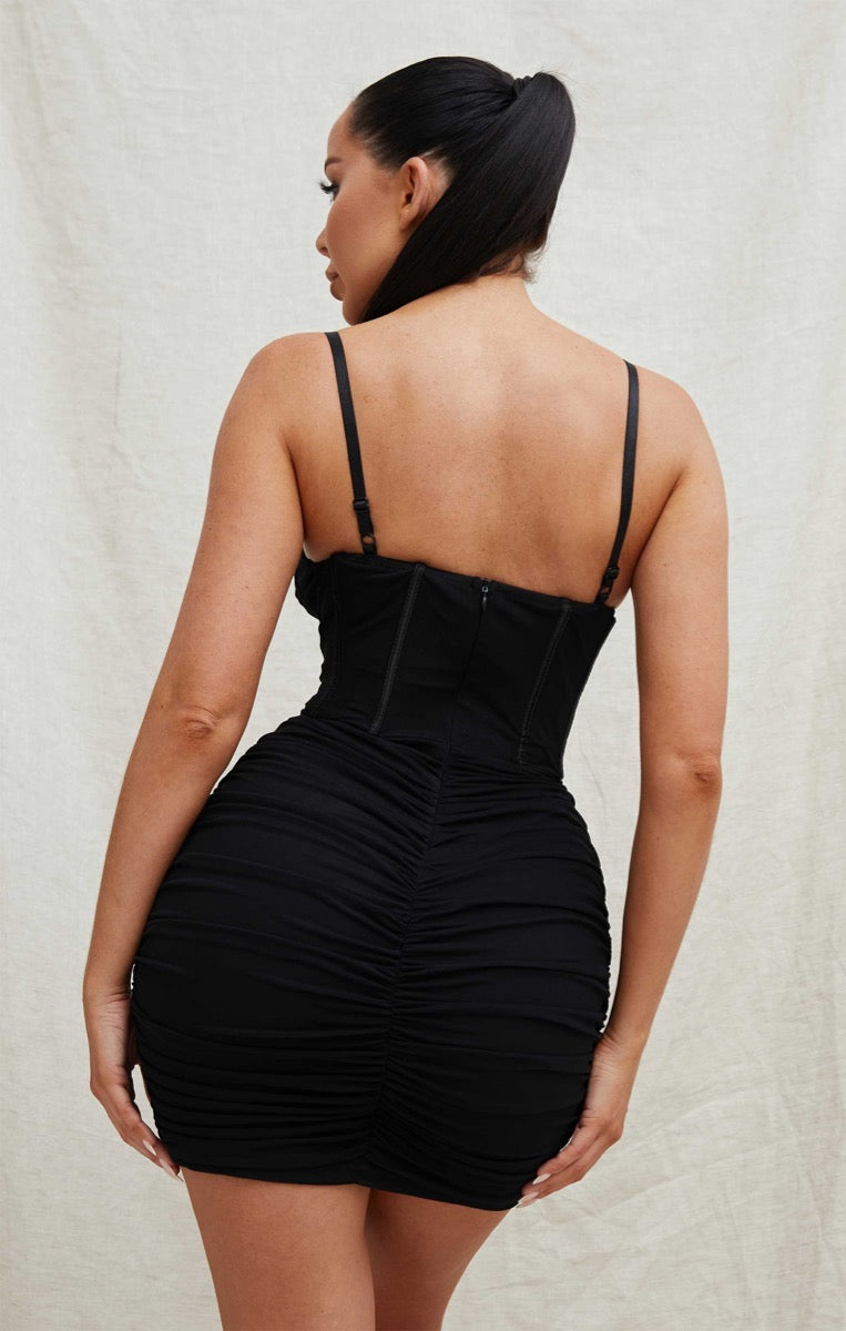 Black Mesh Ruched Corset Strappy Bodycon Mini Dress Penny