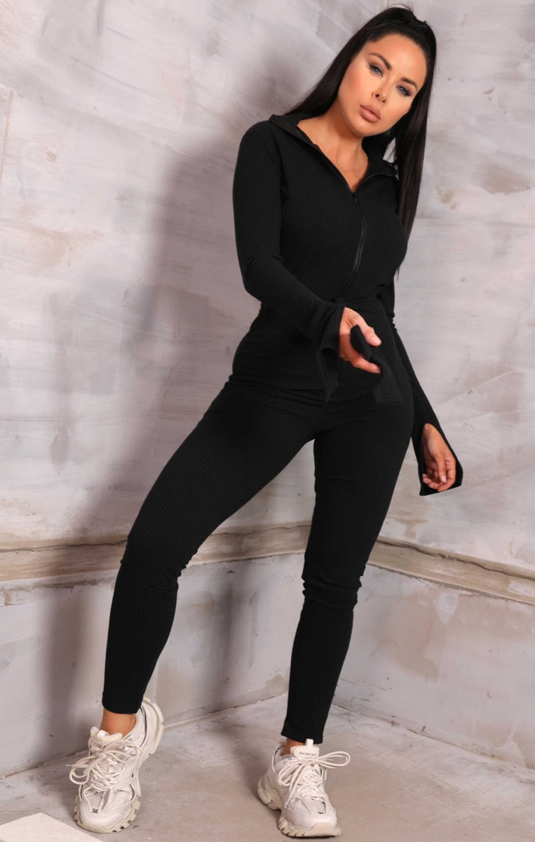 Black Rib Long Sleeve High Neck Belted Zip Up Bodycon Jumpsuit - Delph –  Femme Luxe