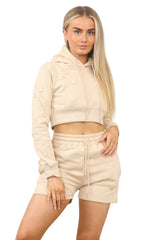 Beige Crucifix Cropped Hoodie And Shorts Loungewear Co-ord- Elora