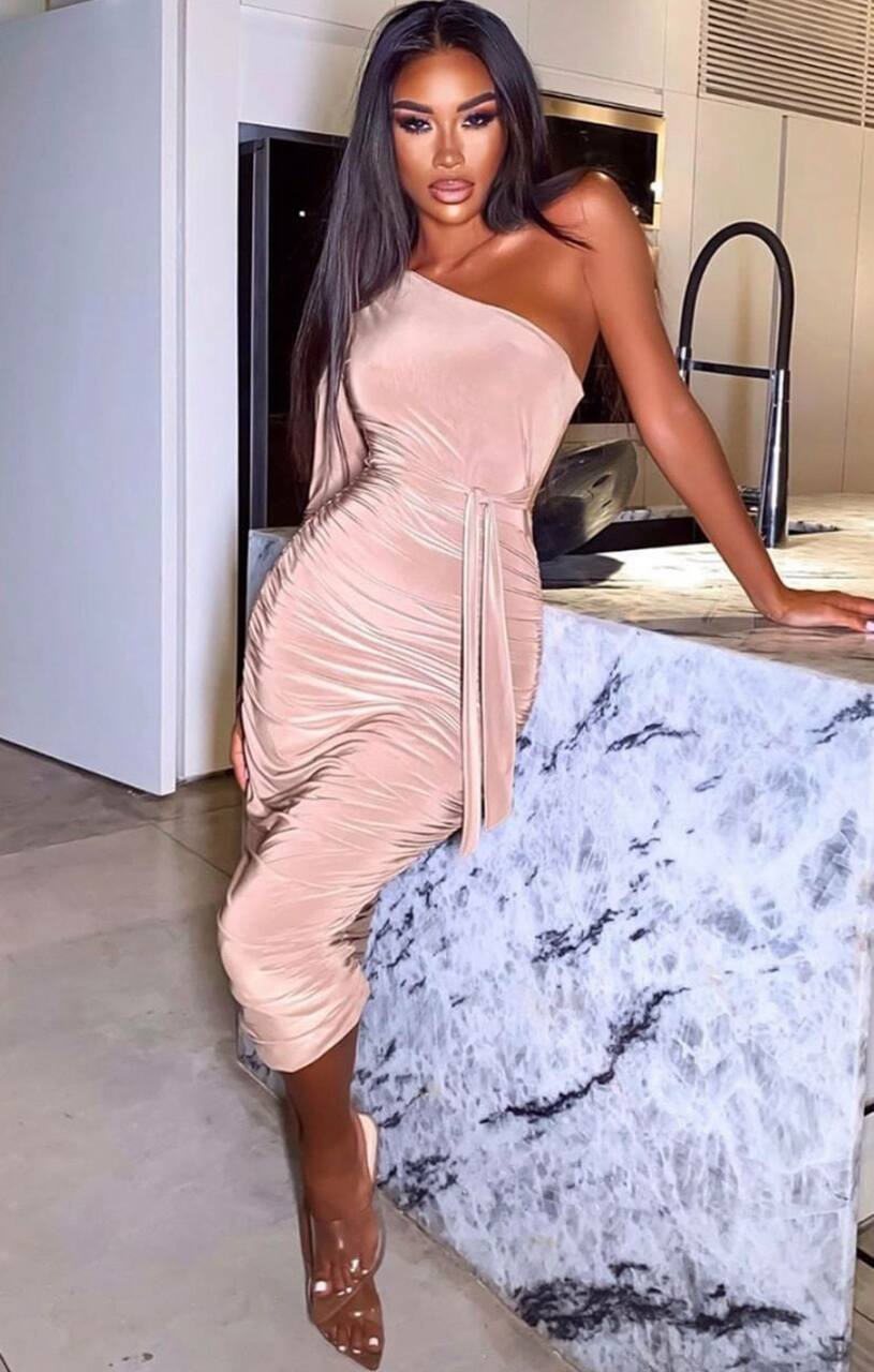 Beige One Shoulder Ruched Slinky Midi Dress Midi Dress Femme Luxe