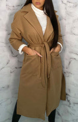 Beige Waterfall Belted Long Line Coat - Marie