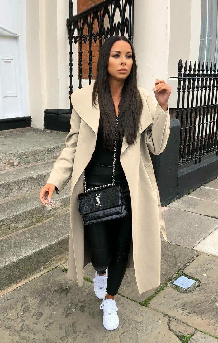 Beige Waterfall Duster Belted Long Coat Pola – Femme Luxe