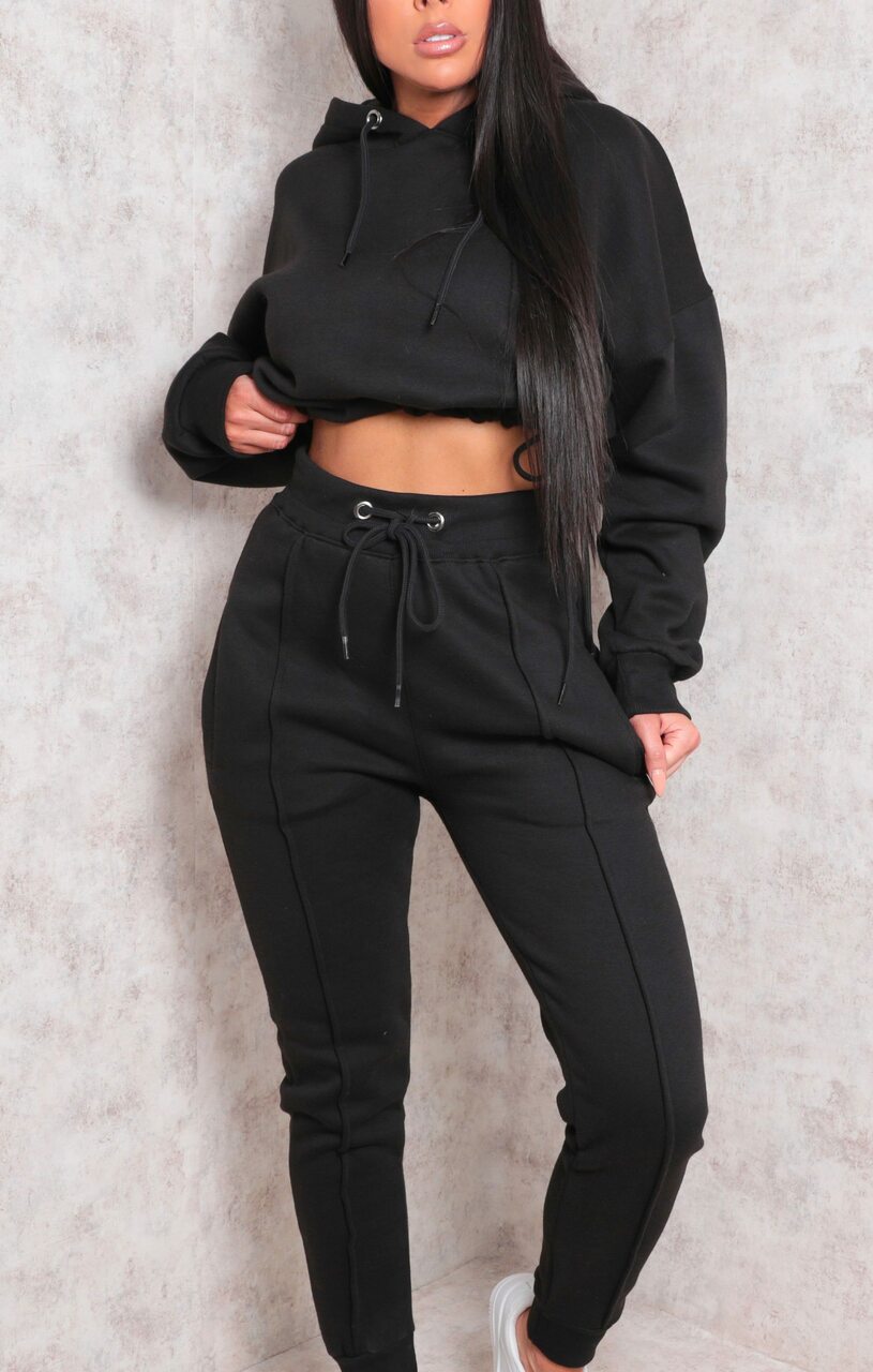 Black Boxy Cropped Hoodie Cuffed Joggers Loungewear Set