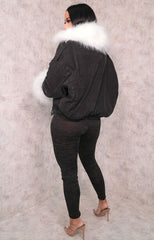Black Denim Cream Faux Fur Fluffy Oversized Jacket - Sacha
