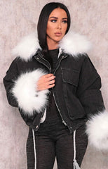 Black Denim Cream Faux Fur Fluffy Oversized Jacket - Sacha