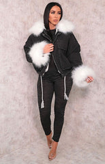 Black Denim Cream Faux Fur Fluffy Oversized Jacket - Sacha