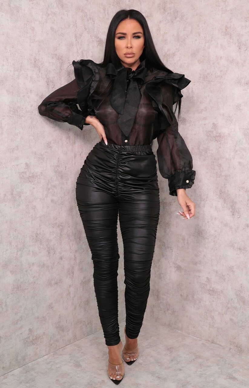 Elegant Black Faux Leather High Waisted Tie-Up Pants
