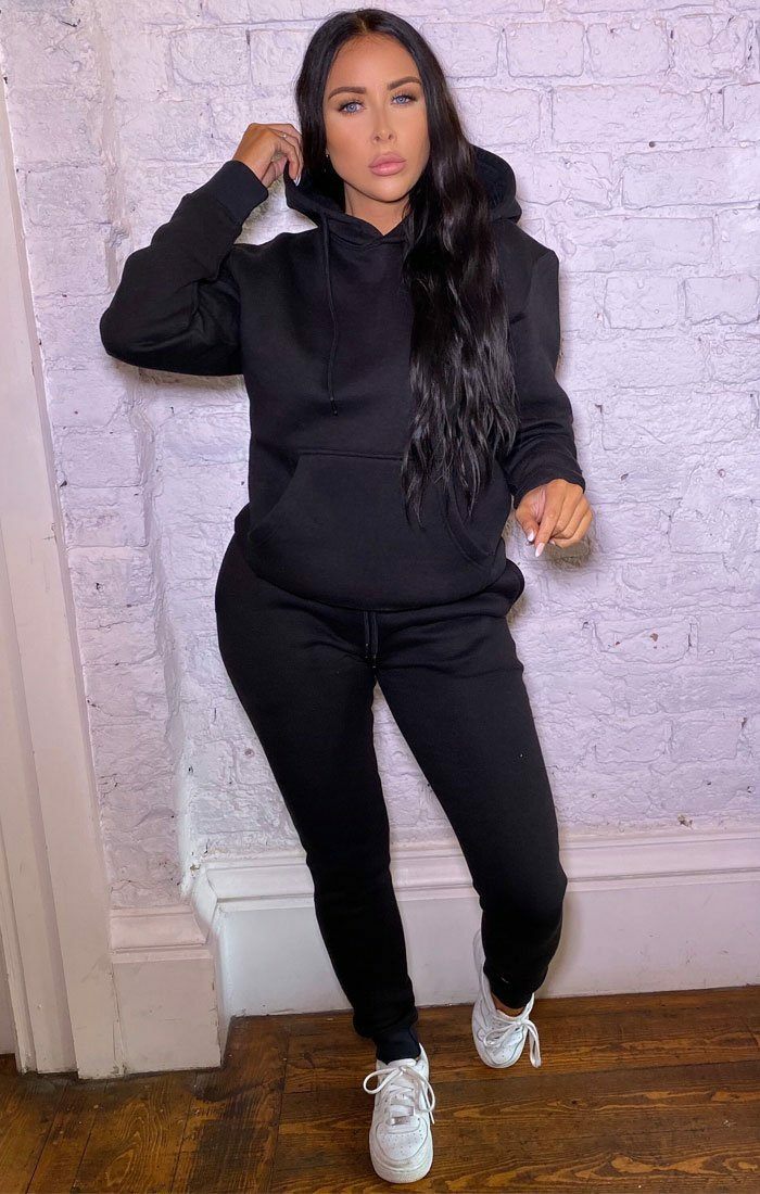 Black Hoodie Cuffed Joggers Loungewear Set | Loungewear | Femme Luxe UK