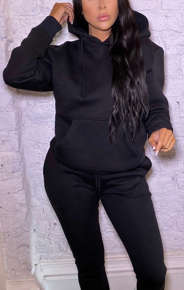 Black Hoodie Cuffed Joggers Loungewear Set | Loungewear | Femme Luxe UK