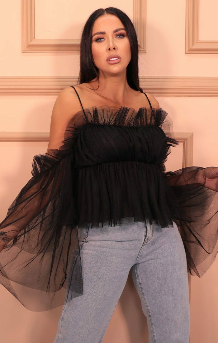 Black mesh off hot sale the shoulder top