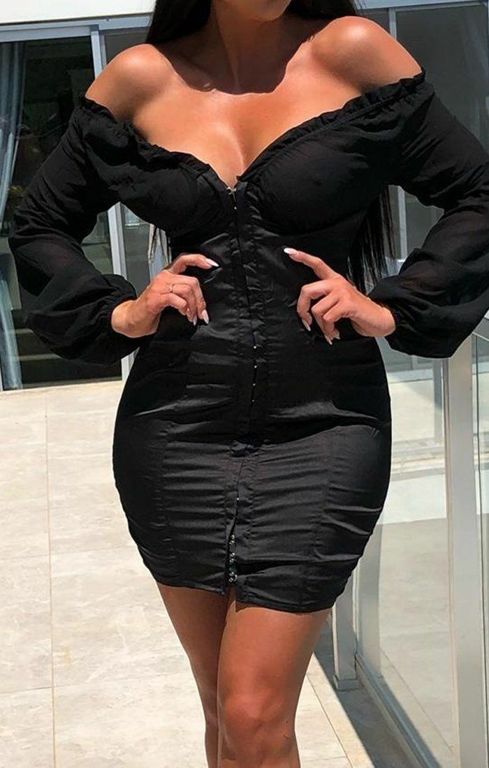 Black Satin Mesh Sleeve Bardot Dress | Dresses | Femme Luxe Black Satin Mesh Sleeve Bardot Dress | Dresses | Femme Luxe