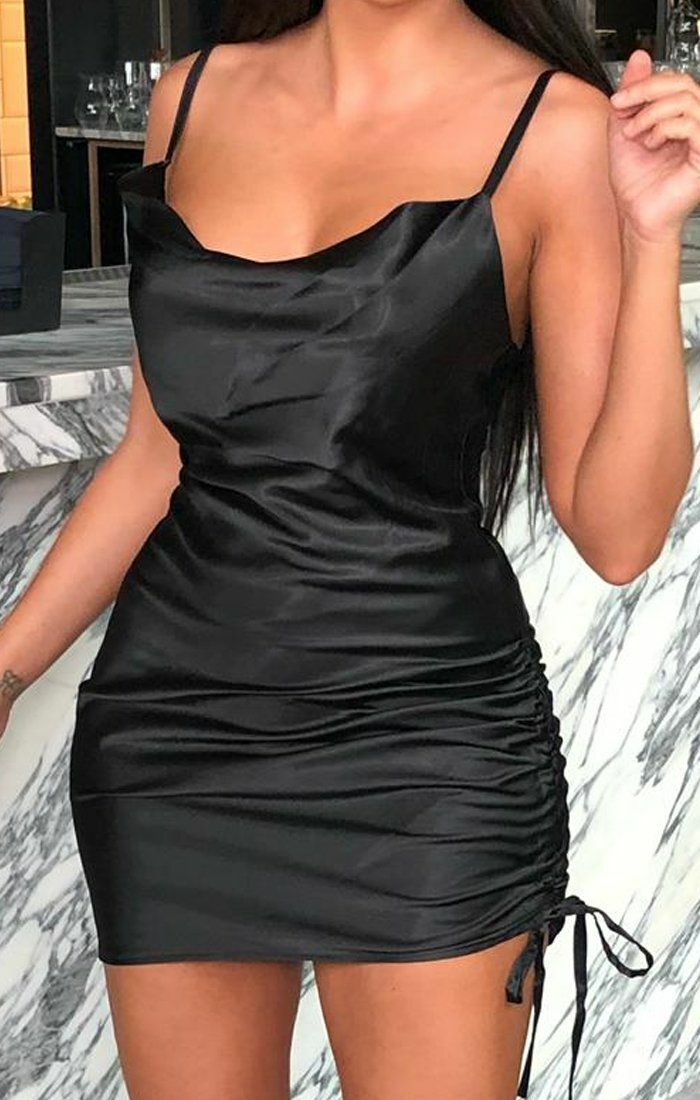 Black Satin Ruched Side Slip Mini Dress - Maeve