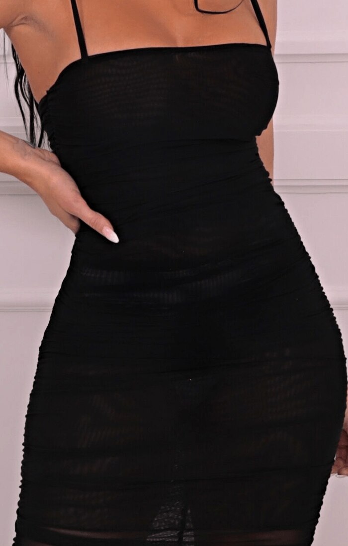Black Mesh Strappy Ruched Waist Maxi Dress