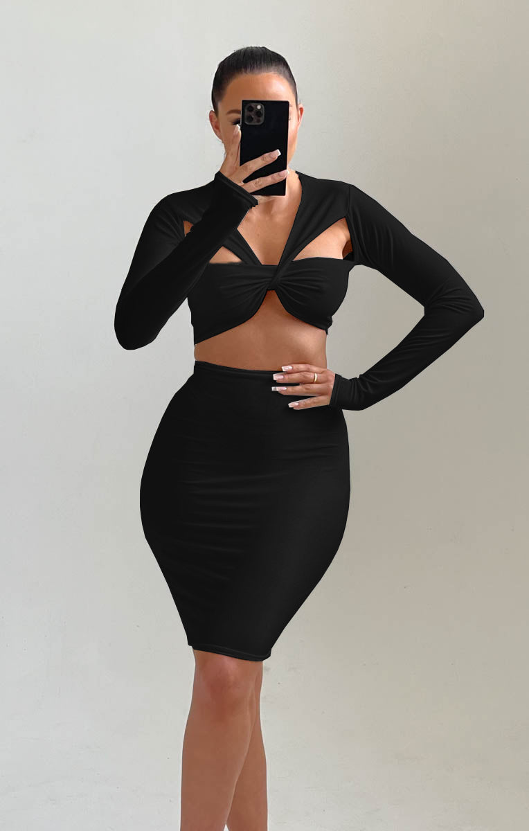 Black Long Sleeve Cut Out Crop Top And Midi Skirt Co-ord - Pippa – Femme  Luxe