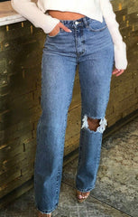 Blue Mid Wash Ripped Knee High Waisted Jeans - Ennis