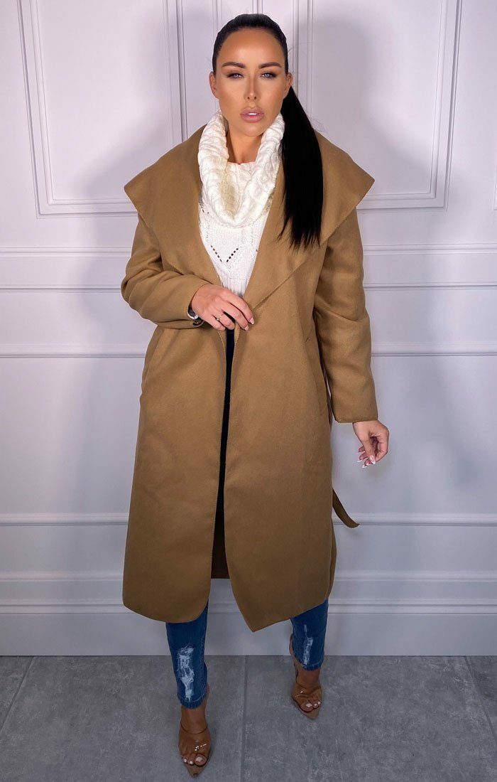 Camel Waterfall Duster Belted Long Coat - Pola – Femme Luxe