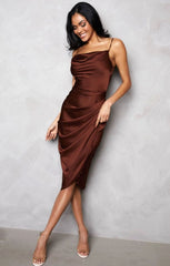 Chocolate Satin Cowl Neck Asymmetric Split Strappy Bodycon Midi Dress Femme Luxe