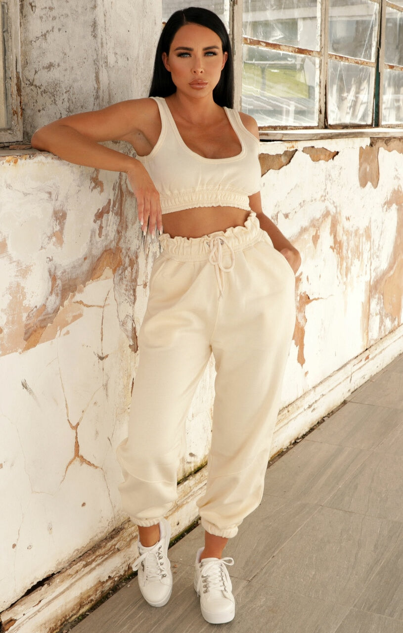 Cream Oversized Sleeveless Crop Top Drawstring Waist Joggers Co
