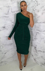 Black one shoulder ruched slinky midi dress best sale