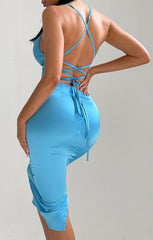 Sky Blue Satin Strappy Tie Detail Bodycon Midi Dress - Zyra